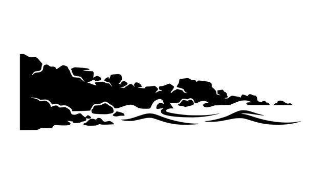 Minimalist rocky coast and ocean waves silhouette vector illustration