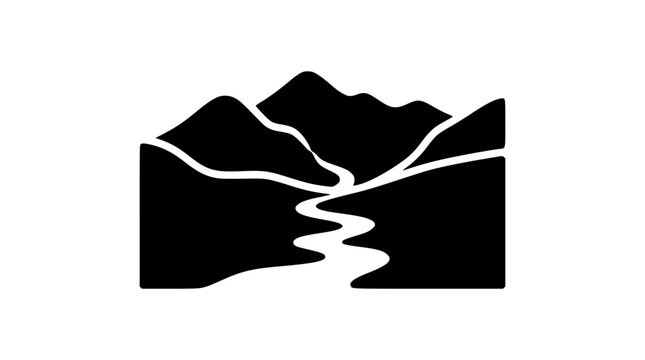 Minimalist Mountain Landscape with Winding River Silhouette Icon
