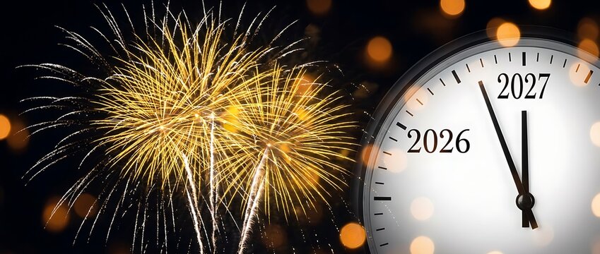 Bright yellow fireworks explode against black night sky with glowing bokeh lights and clock.