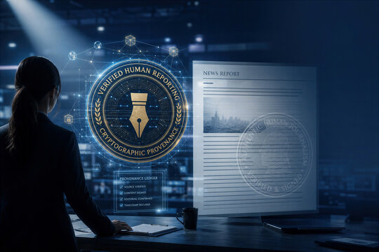 Verified human reporting cryptographic provenance seal with anonymous journalist silhouette in newsroom symbolizing media trust authentication verification ledger-based watermark