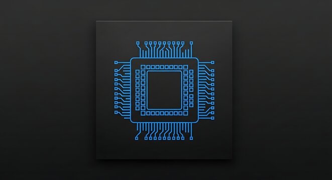 Digital circuit board blueprint with glowing blue lines on dark background