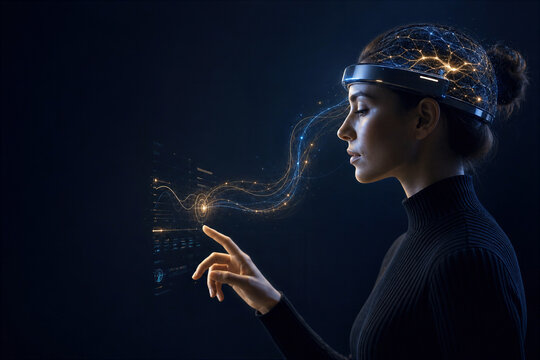 Non-invasive brain-computer interface headband with holographic neural network and woman interacting with floating control panel for neurotech human enhancement and BCI innovation future