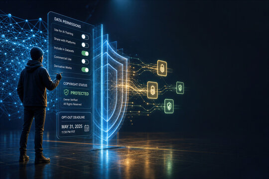 AI copyright opt-out deadline interface with lone digital artist configuring data permissions and protected training data controls for creator rights and legal tech compliance