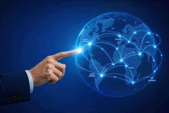 Businessman finger touching digital globe with global trade route connections world map international shipping logistics network on blue background