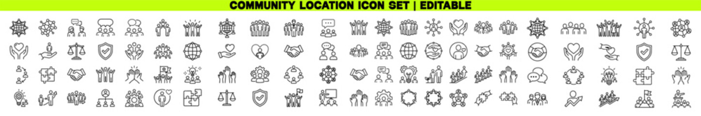 Fototapeta premium Community and Social Connection Icon Set. Friendship, Relationship, Diversity and Networking Line Editable Stroke Vector Illustration