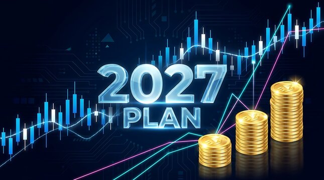 Digital 2027 plan with financial graph showing uptrend and stacks of golden coins representing investment growth and success.