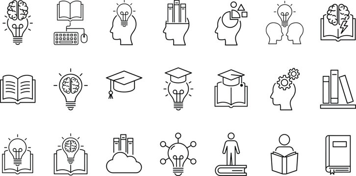 Online Education and Smart Thinking Icon Set with E-Learning, Brainstorming, and Knowledge Line Art Symbols for Academic Websites and Apps