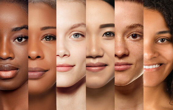 Close collage of diverse skin tones and facial features in beauty portrait. Concept of skincare ads, inclusive beauty, dermatology visuals, cosmetics branding, skin care.