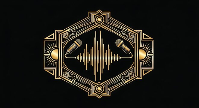 Art deco style gold emblem featuring soundwave pattern with headphones and microphone icons