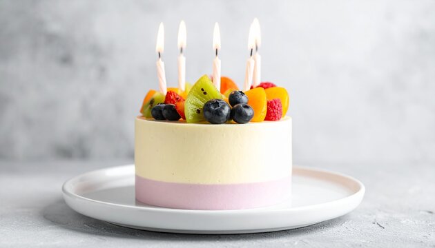 Cute pastel fruit cake with smiling face and candles.