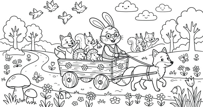 Children Coloring Page of Cute Rabbit Driving Wooden Cart Pulled by Fox in Forest