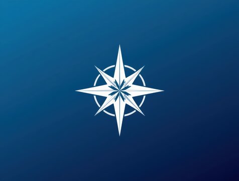 White compass rose star symbol on a dark blue gradient background representing travel and navigation concept