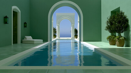 Obraz na płótnie Canvas Tranquil Oasis: A luxurious indoor swimming pool with clear blue water is surrounded by serene green walls and elegant white arches, leading to an outdoor view of the sea and sky.
