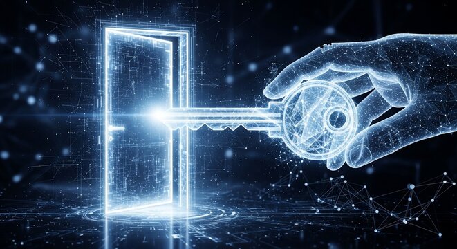 Hand holding glowing key unlocking digital door in futuristic virtual space