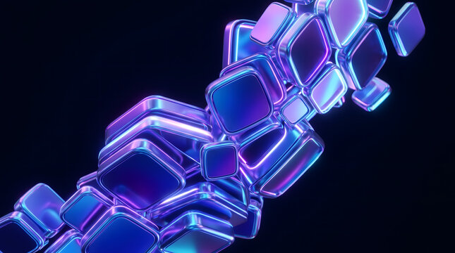 A vibrant and futuristic arrangement of shiny purple and blue metallic squares on a dark background with glowing neon edges and reflections