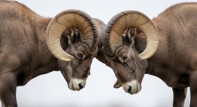 Two bighorn sheep rams with curved horns facing each other head on