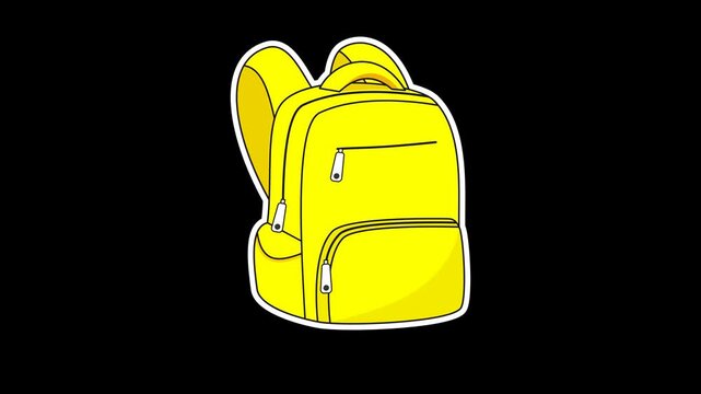 Seamless looping animation of a bouncing yellow backpack for back to school and fashion concepts. Flat style sticker design element isolated on transparent alpha channel background