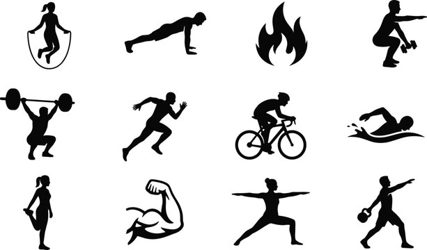 Vector illustration of sport fitness workout training black silhouettes, perfect for gym athletic exercises, healthy lifestyle tracking, and crossfit bodybuilding.