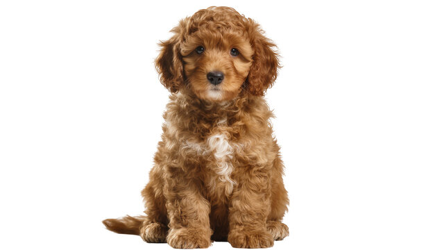 Fluffy brown cockapoo puppy sitting attentively