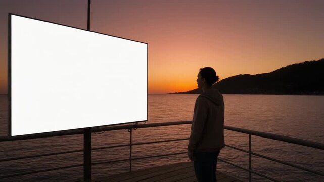 Woman standing on a wooden pier near a blank billboard at sunset.