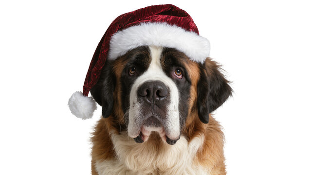 Saint Bernard dog wearing Santa hat