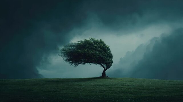 A solitary tree in a storm. Wind bends leaves against dark, ominous storm clouds