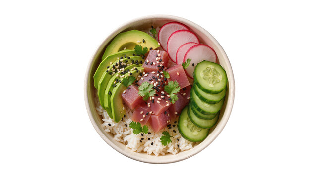 Poke bowl with tuna avocado cucumber radish rice, and sesame seeds