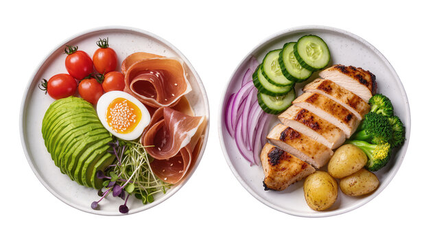 Two bowls of healthy food with grilled chicken avocado prosciutto egg tomatoes cucumber broccoli potatoes, and red onion