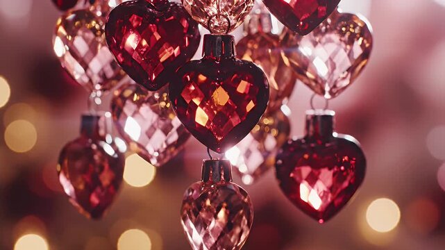 A cluster of sparkling heart-shaped ornaments with a bokeh background.