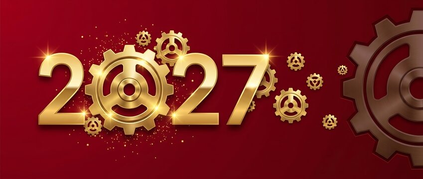 New year 2027 banner featuring golden metallic gears and industrial cogs on rich deep red background showing mechanical engineering progress and time evolution.