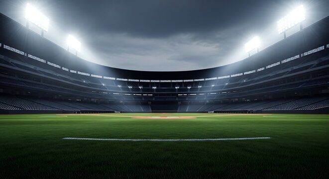 A well lit baseball diamond with pitchers mound and field under floodlights in a vast stadium.