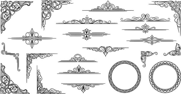 Set of vintage floral corner ornaments and decorative dividers with circular frames for ornate page design