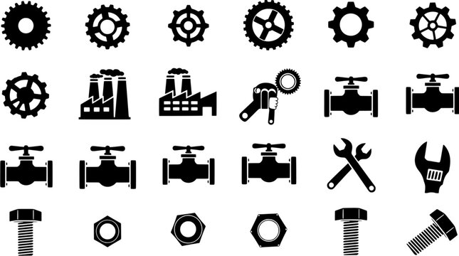 Industrial icon set featuring gears, factory buildings, valves, wrenches, nuts and bolts for engineering and manufacturing concepts.