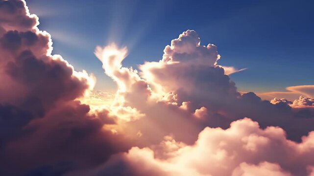Dramatic sky filled with luminous clouds illuminated by the sun.