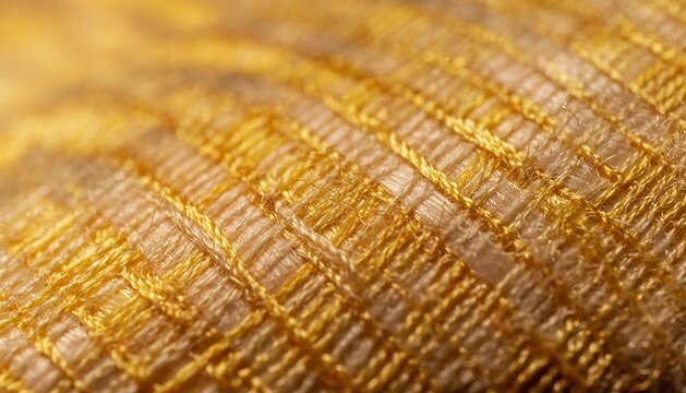 Macro close-up of intricate golden silk textile weave