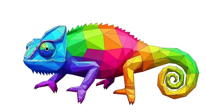 Vibrant low poly chameleon illustration with rainbow gradient colors