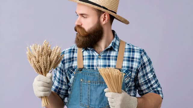 Static shot of bearded man holding bundles of wheat and pasta turning and smiling against plain studio backdrop