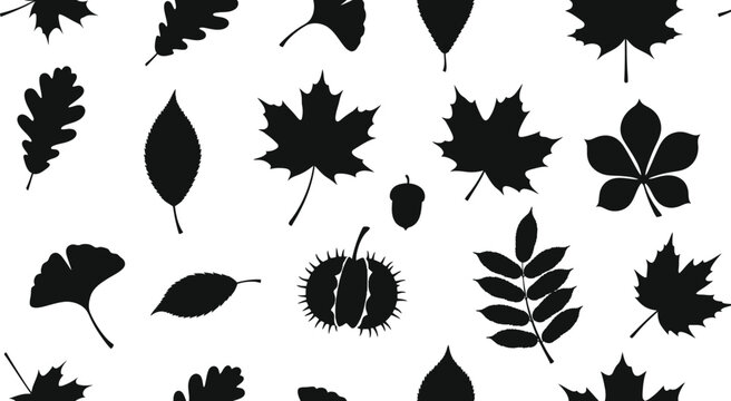 Black silhouette leaves and nuts pattern