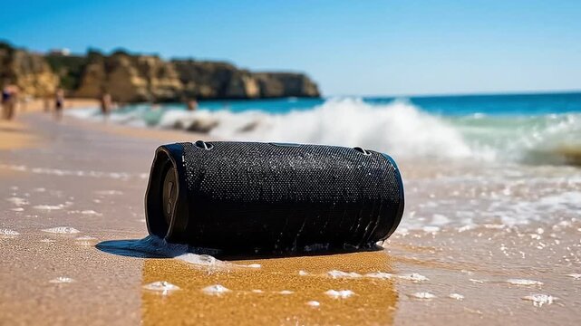 Black object partially submerged in ocean waves on a sandy beach with cliffs in the background
