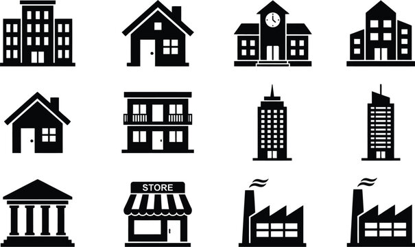 Buildings collection displays various architectural structures including homes, offices, a store, and a factory in black.