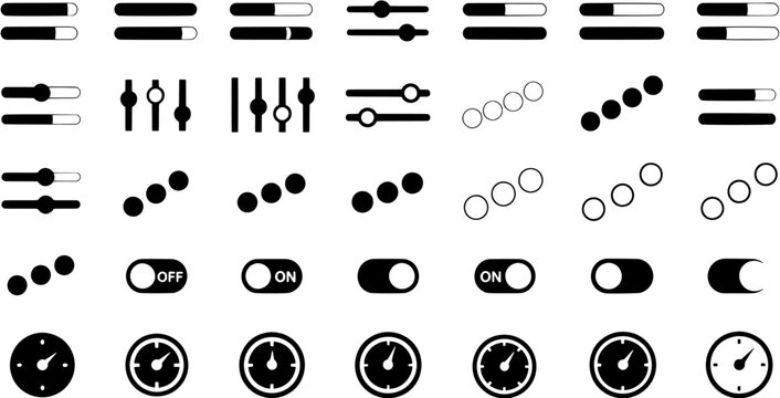 Set of UI interface control elements featuring slider bars, toggle switches, loading progress indicators, and circular gauge icons for web and mobile design.