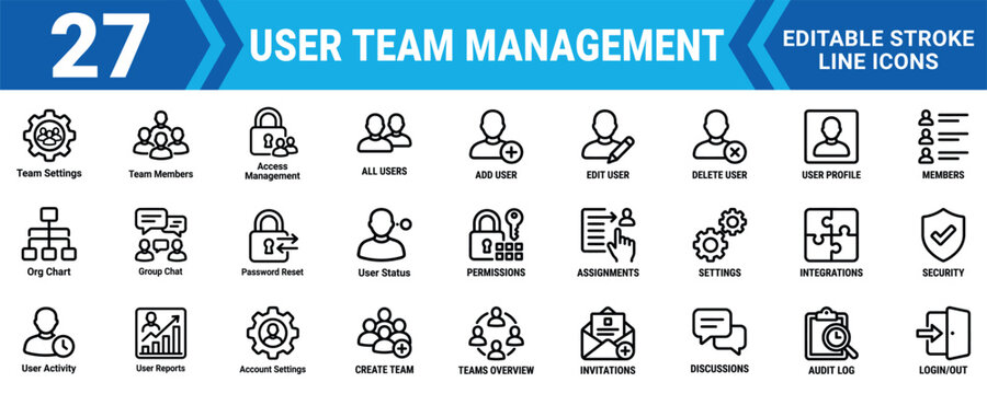 User team management icon set 27 editable stroke line icons vector illustration mega pack