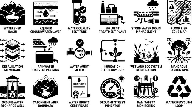 Set of water management and environmental conservation icons depicting watershed, aquifer, irrigation, and resource sustainability