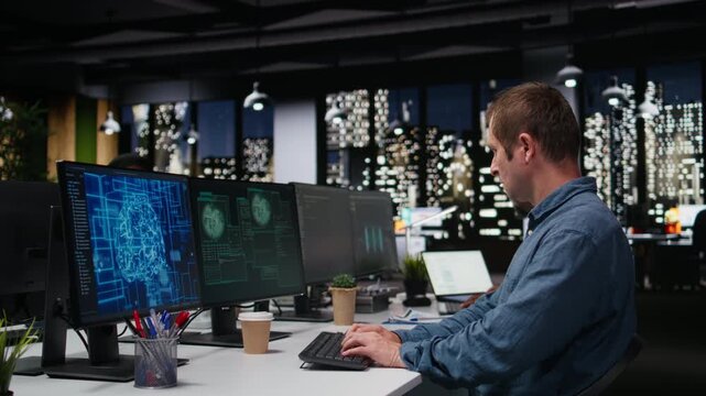 System administrators in office working together to block hacker intrusion, brainstorming. IT startup coworkers colleagues coordinating incident response for scammer attacks for coding workflows.