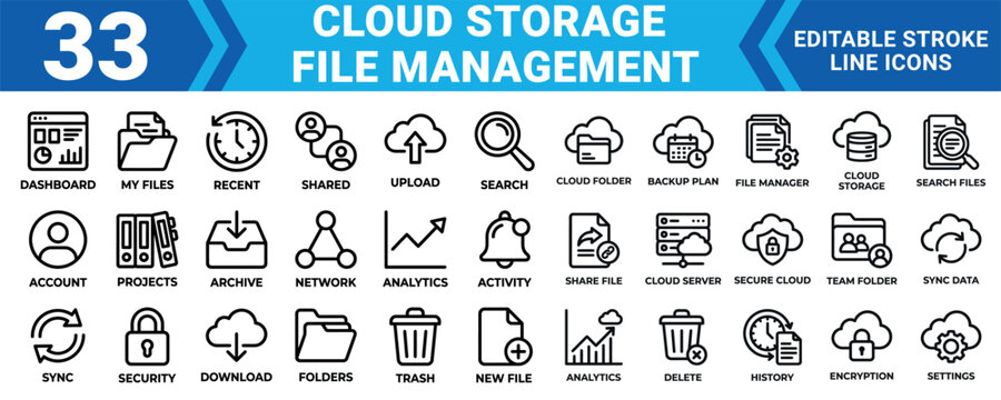 Cloud storage file management icon set 33 editable stroke line icons vector illustration mega pack