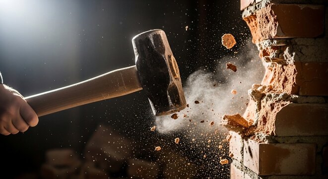 Man smashing brick wall with hammer demolition work