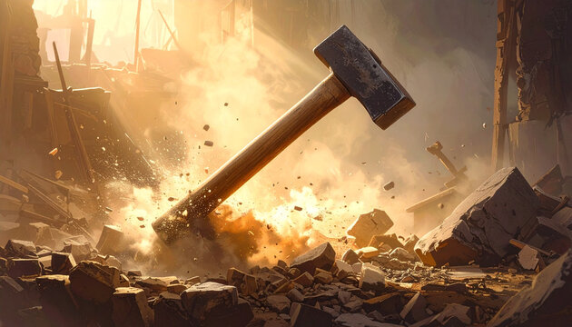 Large hammer smashing through rubble and debris in explosion