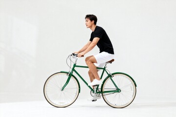 Fototapeta premium Man riding a green bicycle against white background