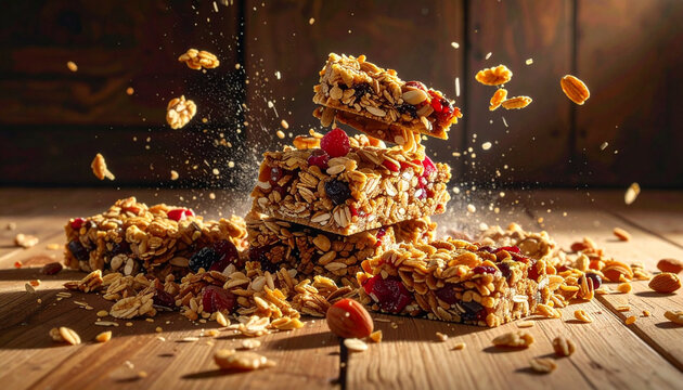 Delicious homemade granola bars with nuts and dried fruits on wooden table