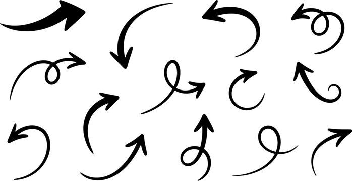 Set of hand drawn vector arrows in various curvy and sweeping shapes isolated on white background.